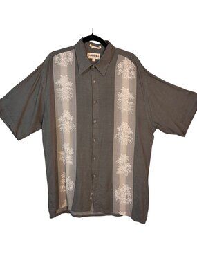 Campia Moda Mens Large Gray Hawaiian Shirt Palm Tree Embroidery Button-Up Short